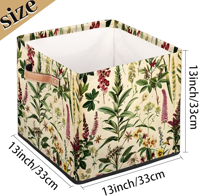 Wildflower Botanical Storage Bin, 13 Inch Collapsible Fabric Storage Bin, Floral Vintage Foldable Cube Basket for Shelf, Closet, Organizer