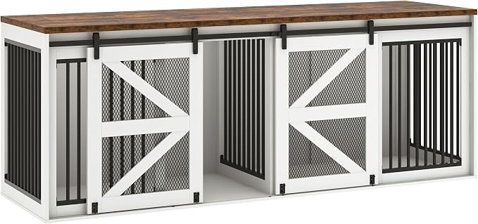 jiteentarou95In Farmhouse Dog Crate TV Stand, Wooden Dog Kennel Furniture with Sliding Metal Mesh Barn Door, Large Dog Crate Furniture for 2 Dogs, Solid Metal Tube & 2 Lockable Doors, White & Brown