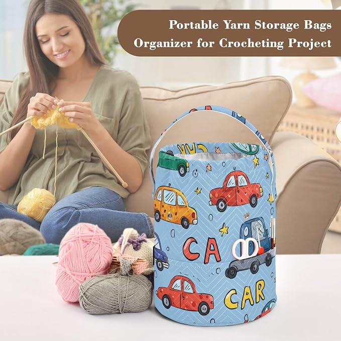 Tatenale Crochet Bag Yarn Bag Knitting Project Bag with Pockets and Handle Portable Yarn Storage Organizer Tangle Free 8.3x11 InchLight Blue Cars and Stars32