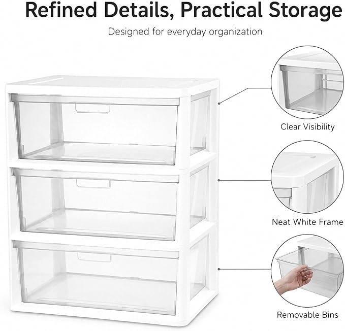 3 Drawer Plastic Storage Tower Wide Organizer for Closet Bedroom (White) | Stackable wide drawers for clothes, toys and crafts. Durable see-through plastic provides quick visibility.