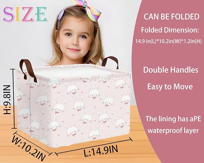 Large Rectangular Easter Baskets Empty Waterproof Boy Toy Box Foldable Kid's Gifts Storage Bin Spring Room Decor(Pink Love Rabbit Head)