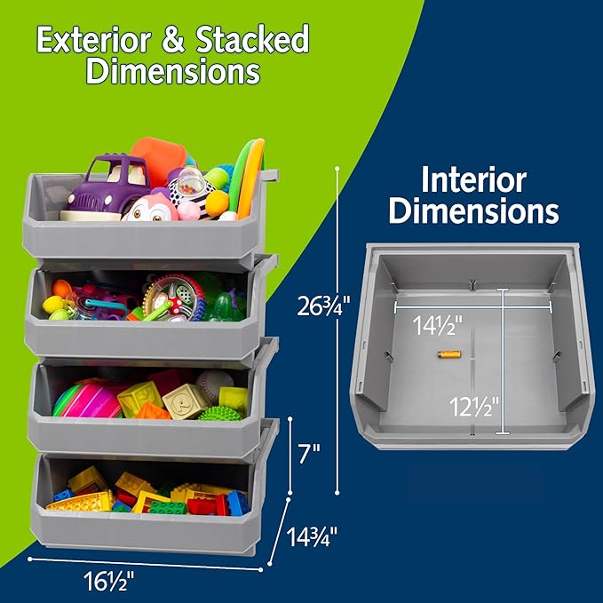 Extra Large Stackable Plastic Storage Bins, 4-Pack, Grey | Open-Front Stackable Bins For Garage, Pantry, Closet & Office, 14,8"L X 16,5"W X 7"H, Nests When Empty, Durable Plastic,