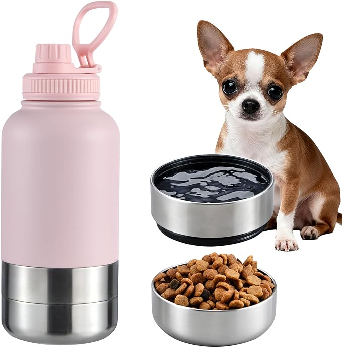 Cibaabo Insulated Dog Water Bottle with 2 Bowls, 32oz Travel Stainless Steel Double Wall Thermos, Portable Pet Dispenser, Puppy Small Medium Dog Mom Gifts for Walking Hiking and Camping