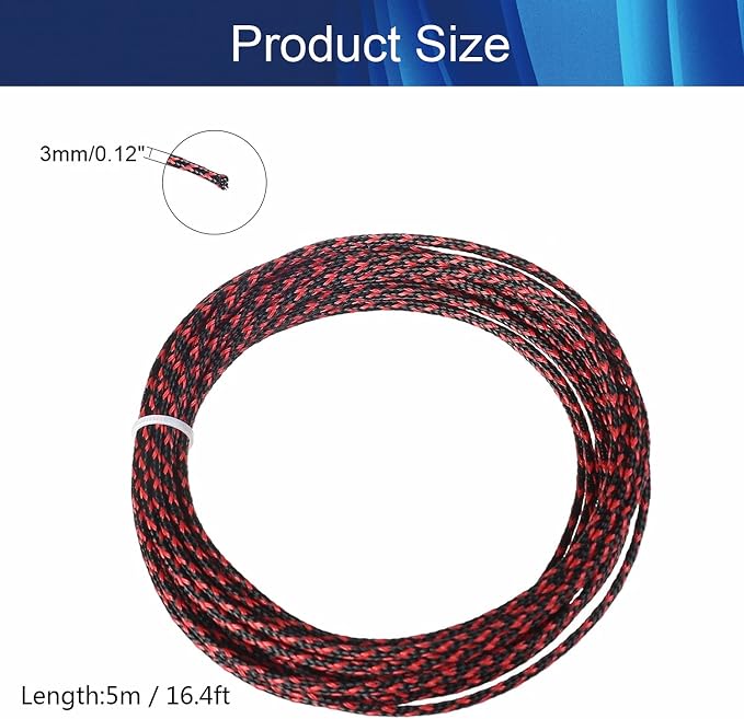 Jutagoss PET Expandable Braided Cable Sleeve, 16.4ft - 1/8 inch Black Red Cable Management Sleeve, Wire Loom Tube Cord Protector for USB Cable, Power Cord, Audio Video and More, 1Pc
