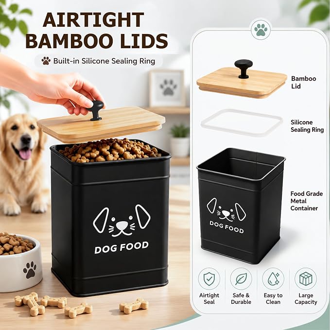 Dog Food Storage Container 25 Cups Airtight Metal Canister with Bamboo Lid | 5-7 lb Capacity, Pet-proof Lid Design, Durable Metal Body, Square Wide Opening, Pet Food Canister Dog Cookie Jar, Black