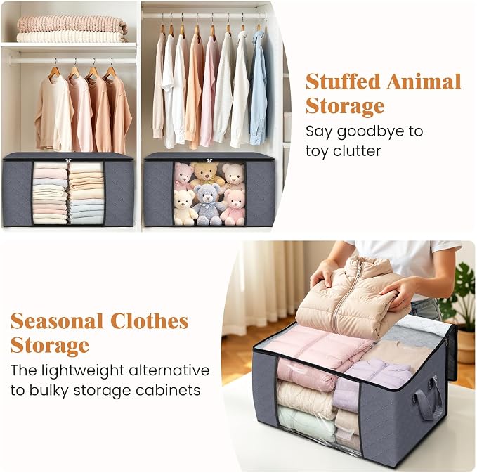 6 Pack Storage Bags for Clothes Blanket Storage Bins with Lids | Foldable Closet Organizers with Zippers,Window and Handles,Fabric Storage Bins for Sweater,Comforter,Bedding,Dorm essentials