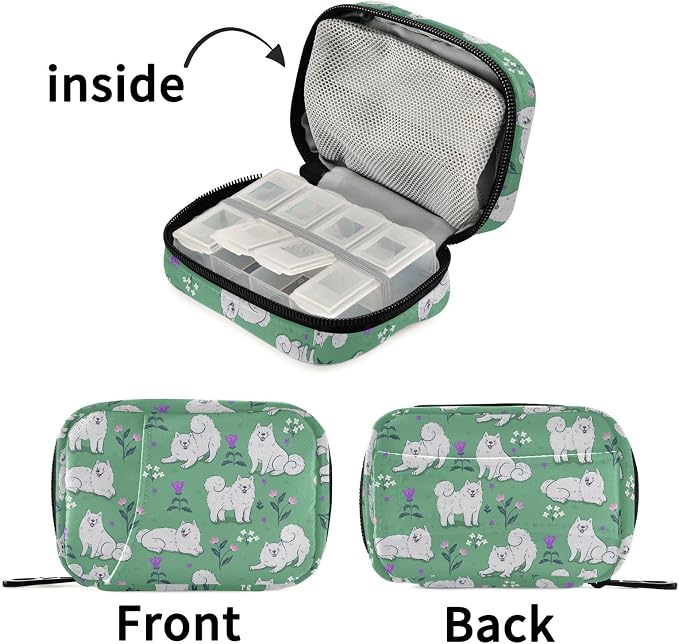 Fustylead Cute White Samoyed Dogs on A Green Meadow Pill Organizer Travel Portable Zipper Cloth Bag for Holding Weekly Supplements Vitamins and Fish Oils