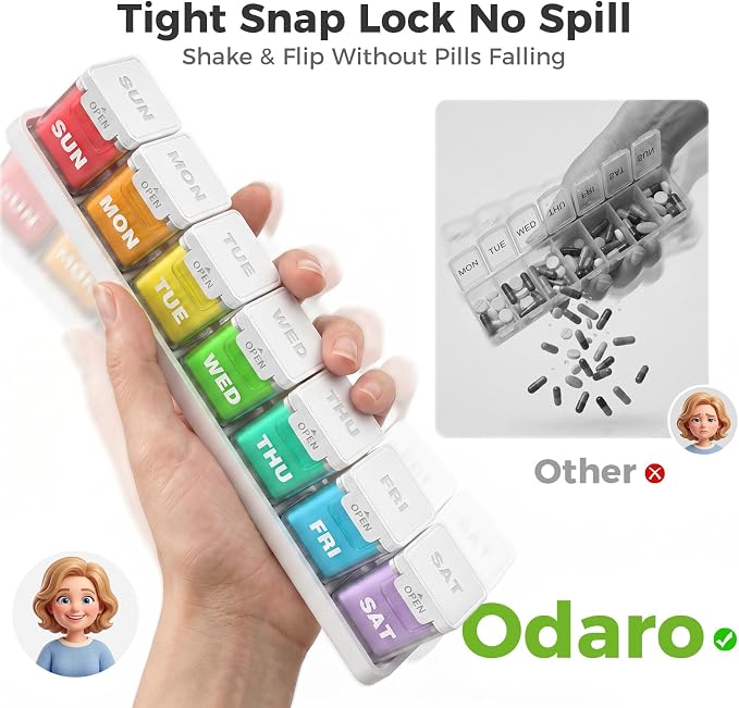 ODARO Extra Large Weekly Pill Organizer Once A Day - Color | Large Capacity, Big Font, Wide Opening Easy to Use, Detachable Portable, Spill Proof, BPA Free