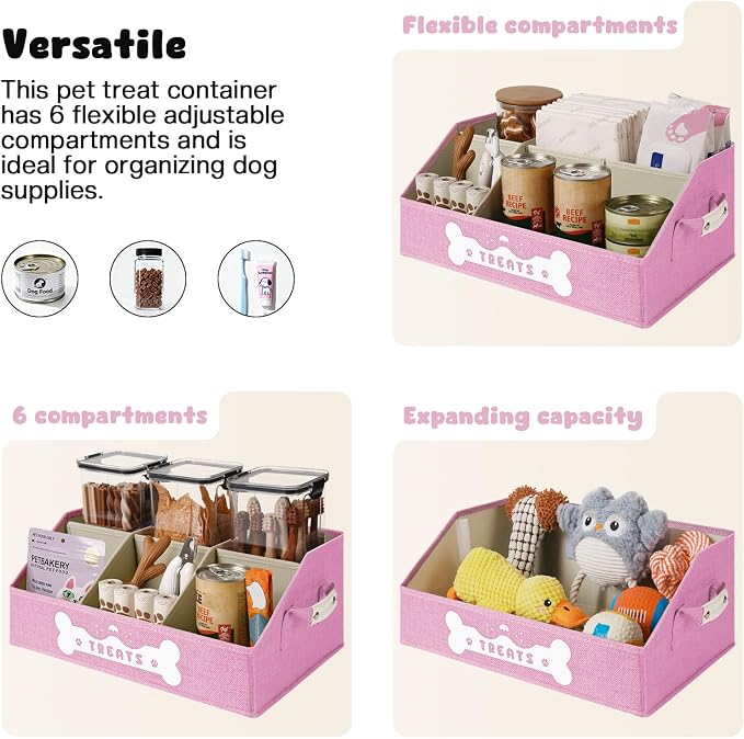 Dog Treat Container, Dogs Storage Organizer with Removable Dividers, Collapsible Dogs Treat Holder for Countertop, Trapezoid Pet Treats Containers, Dog Toy Basket with PU Handles, Medium, Pink
