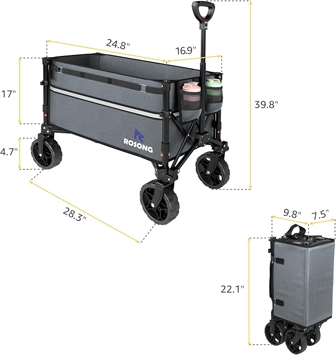 ROSONG Collapsible Wagon Cart with Wheels Foldable - Folding Utility Heavy Duty Wagons Carts for Grocery Sports Garden Shopping Camping Grey