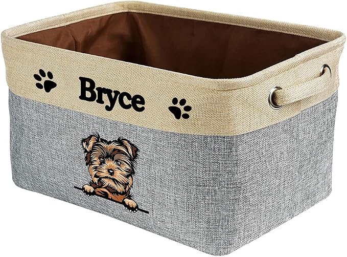 Personalized Fabric Dog Toy Storage Basket with Cute Dog Yorkie Collapsible Sturdy Fabric Pet Toys Storage Bin Cube with Handles for Organizing, Grey and White