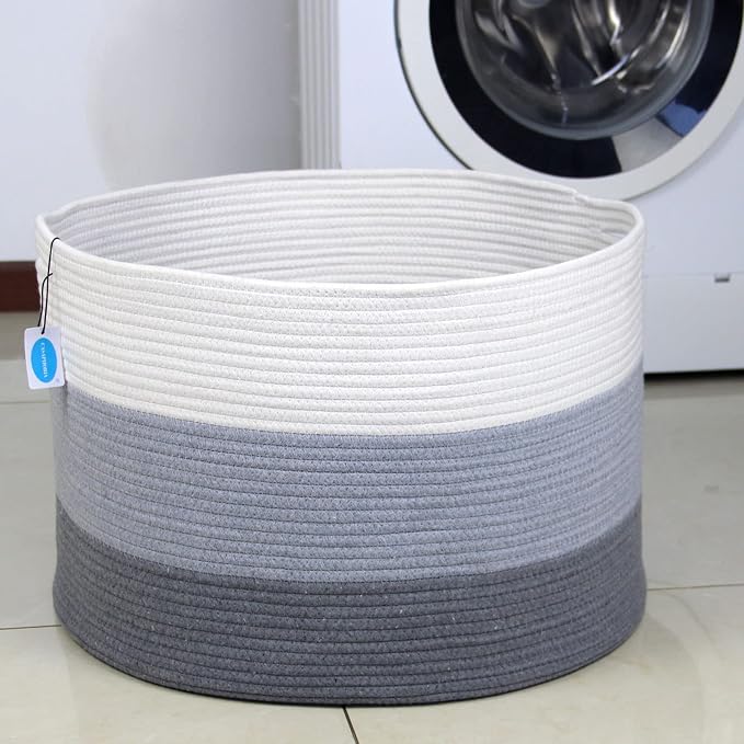 Casaphoria XXXLarge Cotton Rope Basket for Living Room - Woven Storage Basket with Handle for Blankets, Towels and Pillows Laundry Hamper | Light Gray (22" x 22" x 14")
