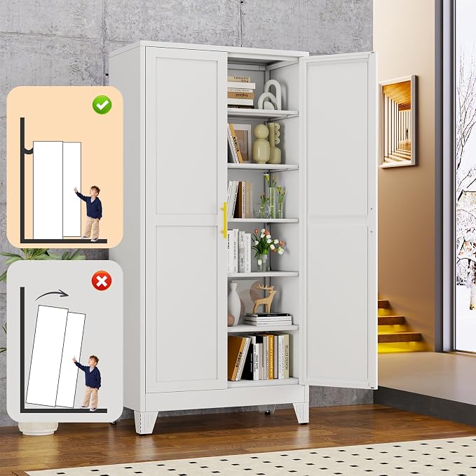 White Metal Storage Cabinet,75" Steel Cabinets for Home Office | Kitchen Pantry Storage Cabinet with Doors and 5 Adjustable Shelves, Tool Cabinets, for Office, Home, Garage, School, 36" W