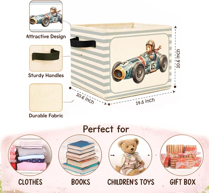 Race Car Bear Storage Bin, Blue Gray Stripe Foldable Fabric Basket | Teddy bear racer collapsible fabric organizer for nursery, bedroom, playroom, toys, books, and clothes