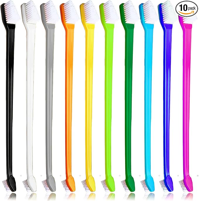 Dog Toothbrush Set of 10 - Dual Headed Tooth Brushes for Small to Large Dogs, Cat, Puppy, Kitten & Most Pet, Double Sided Teeth Cleaning Bulk Kit with Soft Bristles Long Handle, 10 Colors