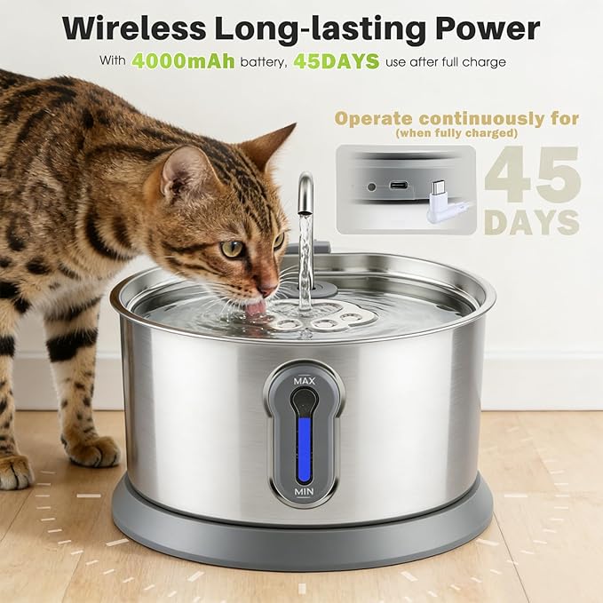 Stainless Steel Cat Water Fountain, 135oz/4L Pet Water Dispenser with App Monitoring, 4000mAh Water Dispenser for Cats, Ultra Quiet, LED Water Level Window Automatic Cat Fountain, (2 Filter&3 Sponge)