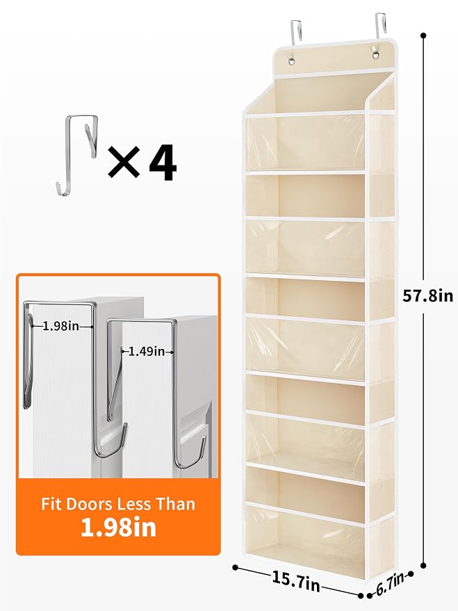 JARLINK Over The Door Toy Storage Organizer w/Clear Window, Beige, 2 Pack | Anti-Tilt 44 lb Load Capacity, Baby Toy Storage Organizer for Stuffed Animals, Nursery, Kid Bedroom, Newborn Baby Essentials