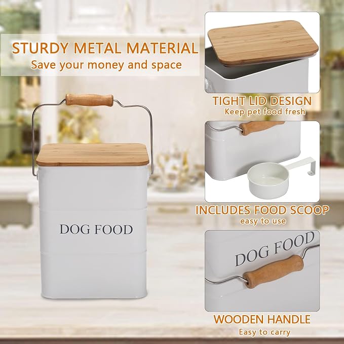 Morezi Metal Dog Food Storage Container 5~6 lbs, Pet Food Treat Canister | Airtight Dog Treat Food Storage Tin with Wooden Lid and Scoop- Powder Coated Carbon Steel- for Dry Dog Cat Food Kibble-White