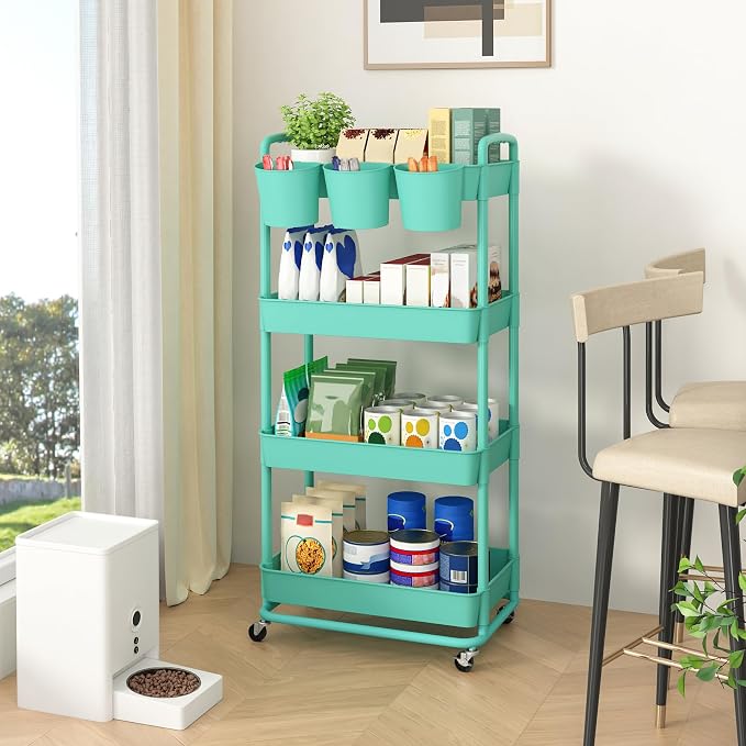 4-Tier Plastic Rolling Storage Cart Utility Cart with Extra Hanging Cups Handles Lockable Wheels for Living Room Bathroom Kitchen Office Green | Utility Cart with Extra Hanging Cups Arc-Shaped Handles Lockable Wheels for Living Room Bathroom Kitchen Of...