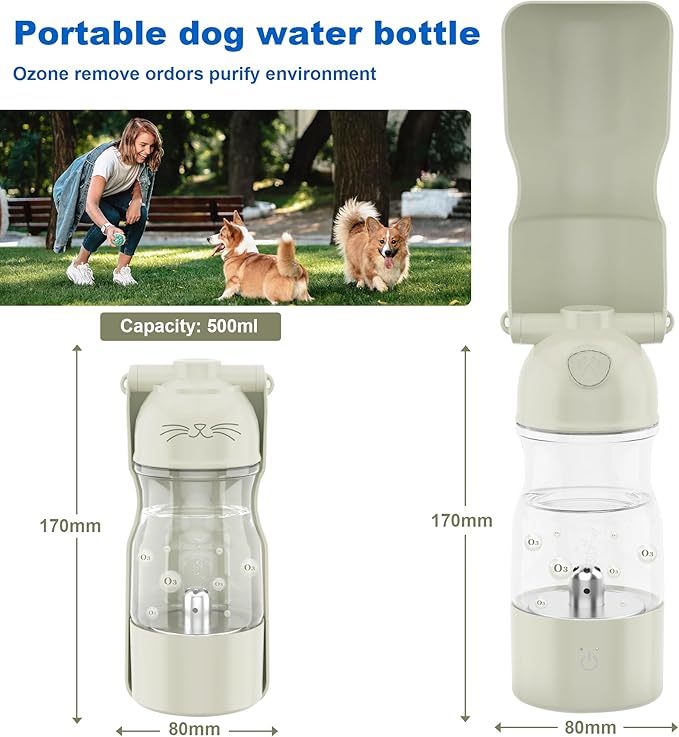 Amerisun Portable Dog Water Bottle with Ozone Purification - Active Oxygen Puppy Water Bowl & Dispenser for Travel, Improves Taste and Boosts Immunity for Pet Health Care Water Bottle (White)