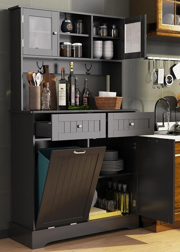 68.4" Kitchen Pantry Storage Cabinet, Freestanding Cupboard with Shelf, 2 Drawers and 1 Tilt Out Trash Cabinet, Tall Cabinets for Kitchen, Dinning Room, Living Room (Glossy Black, Single Tilt)