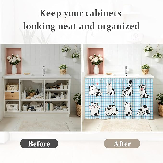 Cute Cat Small Sink Skirt 10"Wx11"L,Dustproof Under Sink Curtain with Self Adhesive Tape,Modern Playful Pet Cats Blue Purple Plaid Cabinet Curtain Cover for Bathroom Vanity,Kitchen Storage Shelf,RV
