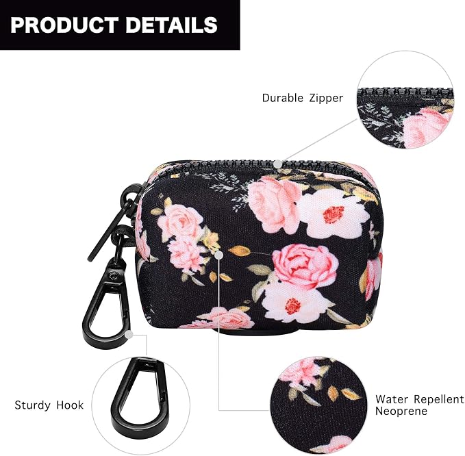 Petmolico Dog Poop Bag Holder Dispenser 2 Pack, Pink Rose | Zippered pouch fits any leash, includes free roll of bags, lightweight & portable for daily walks, travel & outdoor use