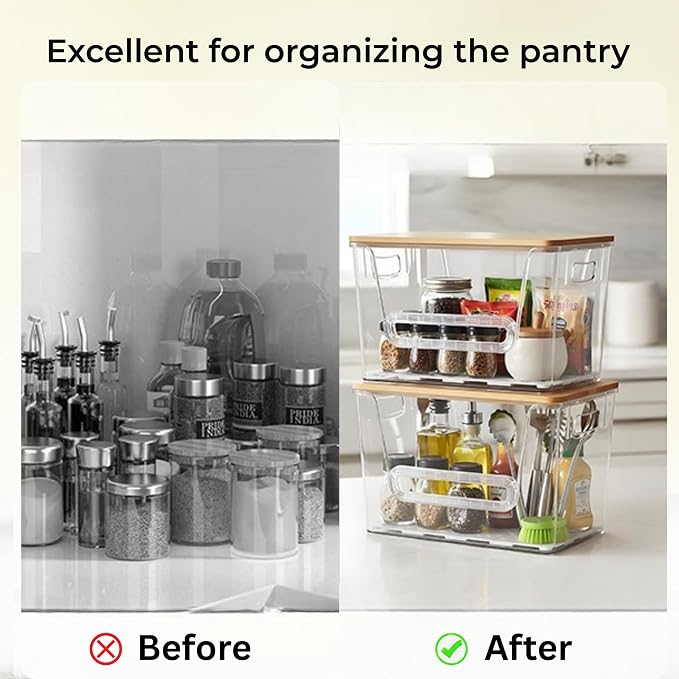 2 Set Pantry organizers and Storage,Trash Bag Holder Under sink Organizer for 4-13 Gal Bags,Trash Bag Dispenser with Bamboo Lids and Stackable Clear Bins for Potato, Onion, Garlic, Fruit, Vegetables