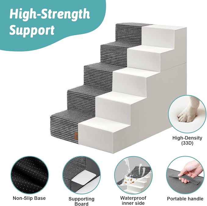 COZY KISS Dog Stairs for Small Dogs, 5 Step Pet Stairs for Beds & Couches | 23.6" H Wide Non-Slip Dog Steps with Removable Tiers & Support Board for Puppies, Older Cats & Dogs, Dark Grey