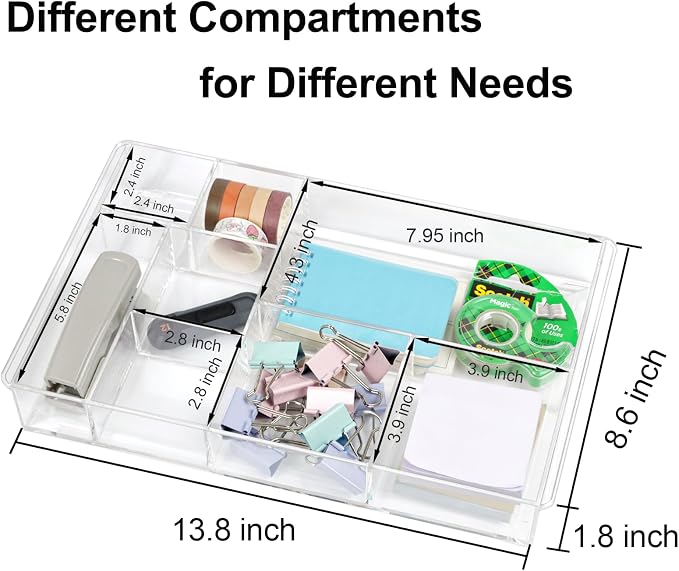 ZEXALOR 8-Section Clear Drawer Organizer, Large Acrylic Drawer Divider Tray for Desk,Bathroom,Office Makeup,Junk, Plastic Drawers Organizer 13.7" x 8.7" x 2" (8-Section)