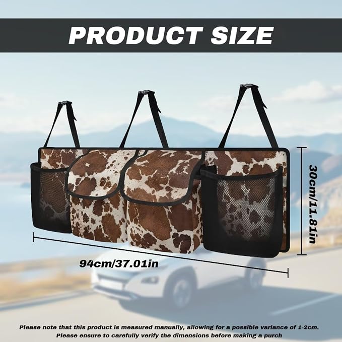 Car Trunk Organizer Brown Cow Print Car Accessories Back of Seat Organizer with Adjustable Straps, Easy to Install