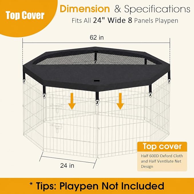Peekaboo Dog Playpen Top Cover for 24-Inch 8-Panel Octagonal Pen, Black | 600D Oxford and breathable mesh top cover adds shade and an overhead barrier for indoor or outdoor pet play areas.