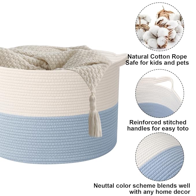 65L Extra Large Woven Blanket Basket, Laundry Basket-White&Blue | Collapsible, reinforced handles, nursery storage bin organizes clothes, toys and pillows for living room, bedroom bathroom