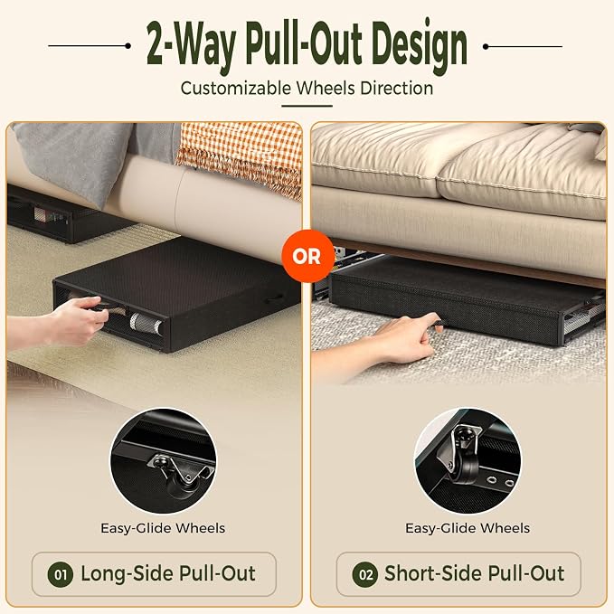 Fokyfok 2 Pack Under Bed Storage with Wheels 4.5 inch Height | Metal Frame,Lid,Rolling Slim Under Bed Drawers for Shoes,Clothes,Shallow Underbed Storage,Under Couch Storage,Black