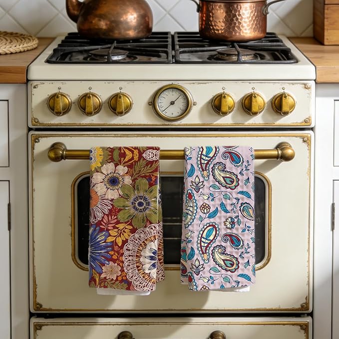 2PCS Vintage Boho Floral Kitchen Towels 14x24 Inch, Absorbent Microfiber Decorative Dish Cloth Tea Towel, Retro Colorful Flower Dish Tea Towels Drying Cloth for Kitchen, Housewarming Gifts for Women01