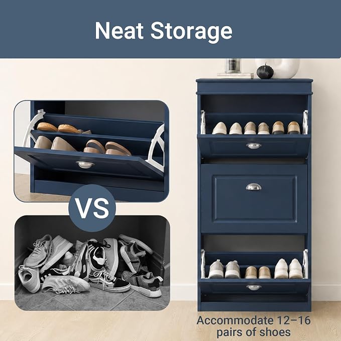 Haotian Shoe Cabinet with 3 Flip Drawers | Freestanding Shoe Rack for Entryway, Shoe Organizer with Hidden Drawer, Navy Blue, FSR94-B