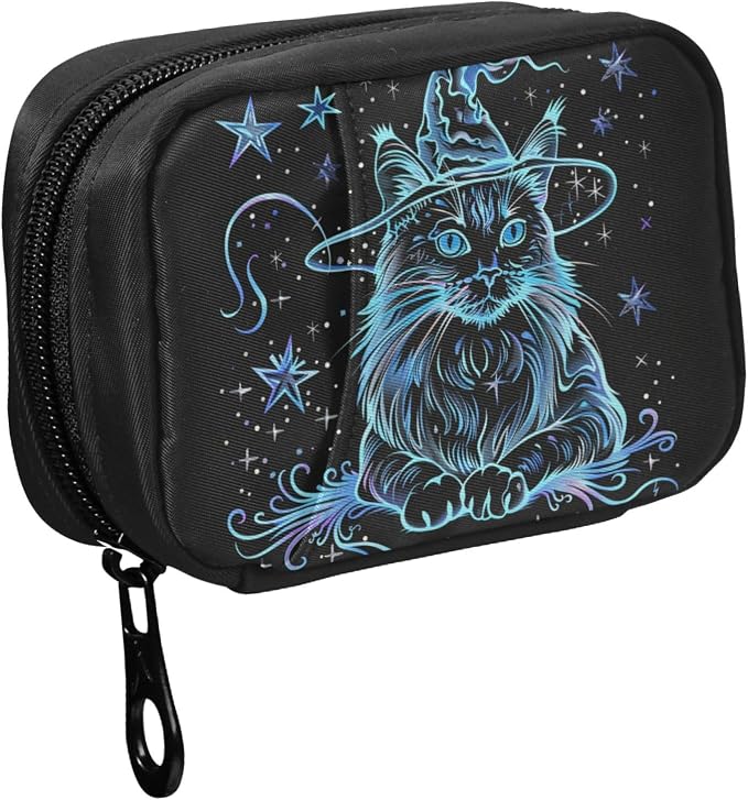 Fustylead Halloween Mystic Blue Cat Wear Witch Hat and Stars Pill Organizer Case with Zipper 2 Times A Day for Vitamin and Supplement, 7 Day Travel Organizer Medicine Case