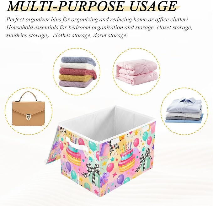 Birthday Cake Fabric Storage Bins with Lid Closet Storage Basket | Foldable & Stackable, Flip Top Dust Guard, Reinforced Handles, Home & Bedroom, Clothes & Toys, Oxford Print Basket