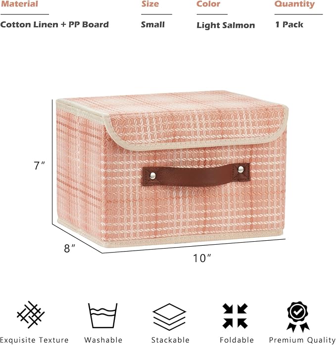 Storage Boxes with Lids Decorative Fabric Bins Baskets Container | Clothes Organizer for Closet Shelf, Collapsible Washable, w/ Faux Leather Handles, Light Salmon (3D Textured), Small