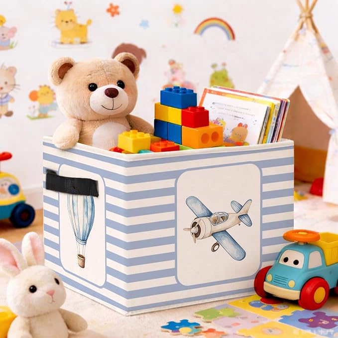 Airplane & Hot Air Balloon Storage Basket, Blue Stripe Foldable Toy Bin | Cute airplane and hot air balloon design with blue stripes; foldable fabric bin for toys, books, clothes, nursery.