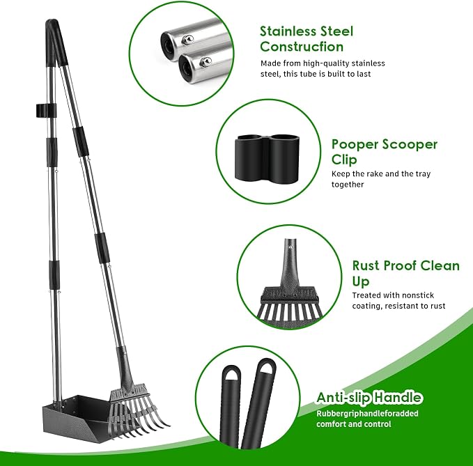 Pooper Scooper, Long Handle Pet Supplies with Stainless Metal Tray and Rake | Fits Multiple Pets,Stainless Steel, Rust-Proof, 38.5" Extended Reach, for Grass Dirt Gravel, Heavy Duty, No Bending