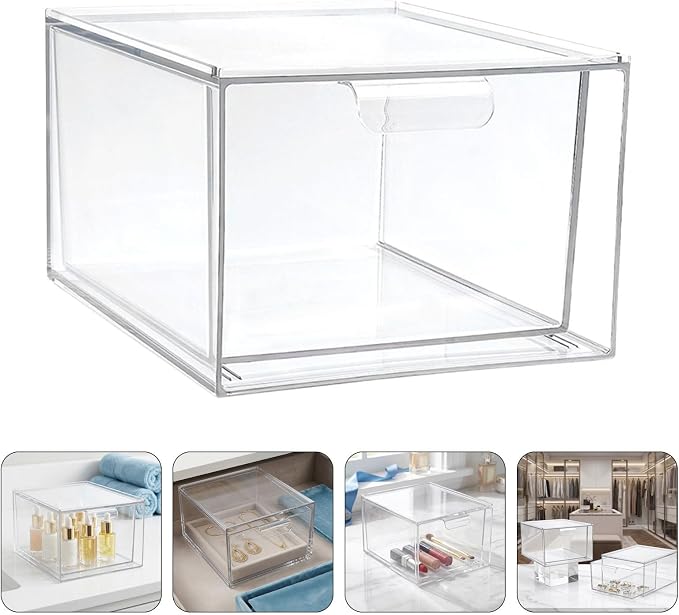 Vaguelly Stackable Storage Drawers Pet Plastic Organizer Bins 4pcs with Handle and Removable Dividers for Necklaces and Accessories, for Travel and Kitchen Pantry Storage