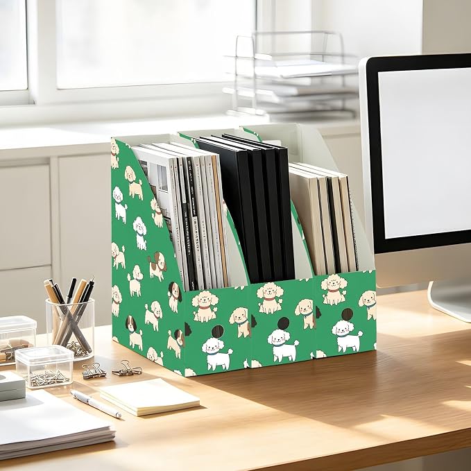 SPRIPORT Cute Pet Dogs Green Print Water Resistant PP Magazine File Holder Organizer for Desk, Foldable Storage Rack for Office School Library Document Sorter with Labels 23x30x10cm (3 Pack)