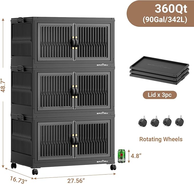 BROVIEW 360Qt Stackable Storage Bins with Lid for Home Dorm, 3Pack Black | Closet Organizers, Foldable & Collapsible Cabinets, Large Containers, Wheels & Magnetic Doors, Plastic Drawers for School