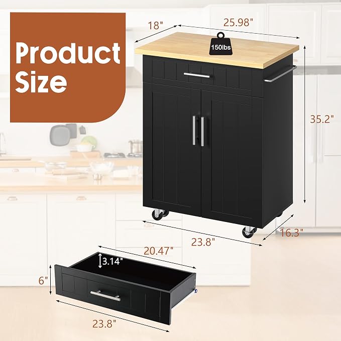 JY QAQA 26" Rolling Kitchen Island Cart with Storage,Black | Mobile Storage Cabinet with Drawer & Inner Shelves, Kitchen Prep Cart with Towel Rack for Dining Room Apartment