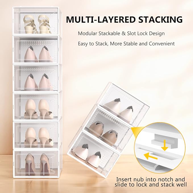 12 Pack X-Large Stackable Clear Plastic Shoe Storage Boxes Organizer, White | Easy to Assemble and Stack, Fit Size 10, Ventilated Dust-Proof, For Sneaker, Closet, Entryway, Under Bed, Replace Shoe Rack
