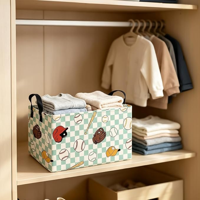 Rectangular Collapsible Storage Basket Toy Organizer Green Grid Baseball | Storage Bin Foldable Canvas with Handles for Organizing Home Kitchen Children Toys Office Closet Shelf Baskets