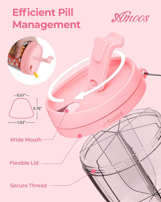 AMOOS Cute Pill Dispenser with Anti-Mix Design, 7-Slot, BPA-Free, Patented | Portable Travel Pill Organizer, Wide Mouth for Easy Access, Pill Bottle Organizer for Vitamins, Fish Oils, Supplements, Pink