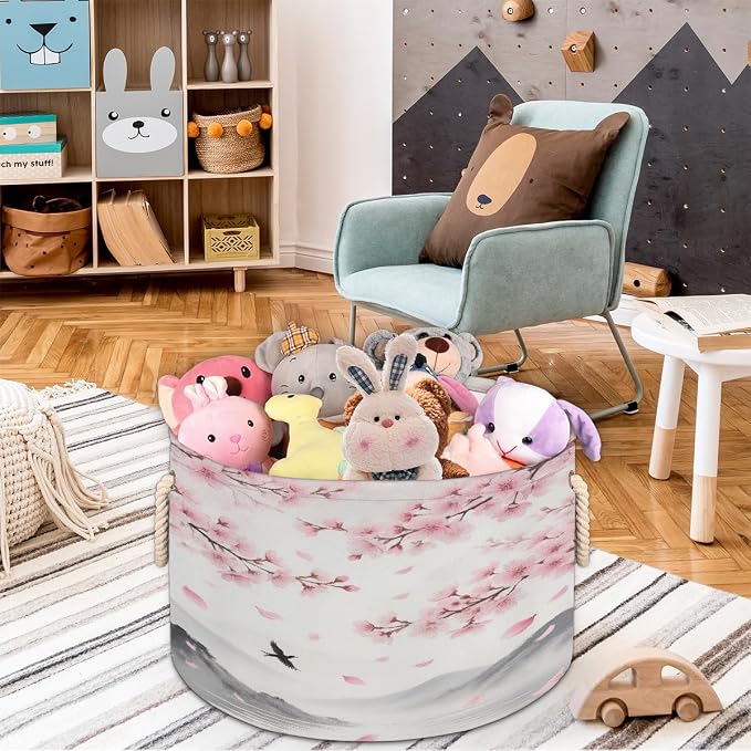 Large Storage Baskets - Cherry Blossoms Bird Nursery Organizer Bin Box with Handles Collapsible Round Laundry Hamper for Kids Toys Pet Blanket, Bedroom Living Room Home Decor Gift Basket