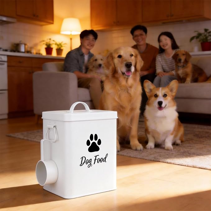 Dog Food Container 6.6lb, Cute Airtight Pet Treat Storage Containers with Metal Lid Scoop, Metal Storage Bin for Dog/Cat Durable Airtight Great Gift for Pet Owners-White